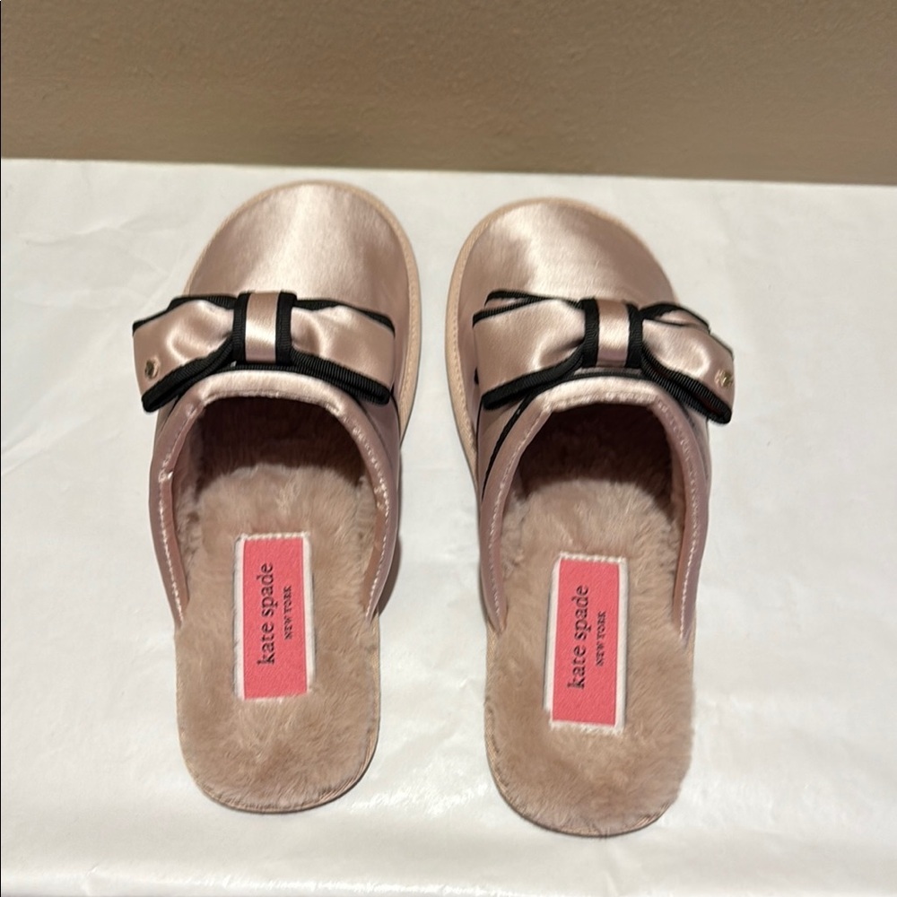 NWOT Kate Spade Pink and Black Slippers with Bow Detail and Faux Fur - Picture 12 of 14